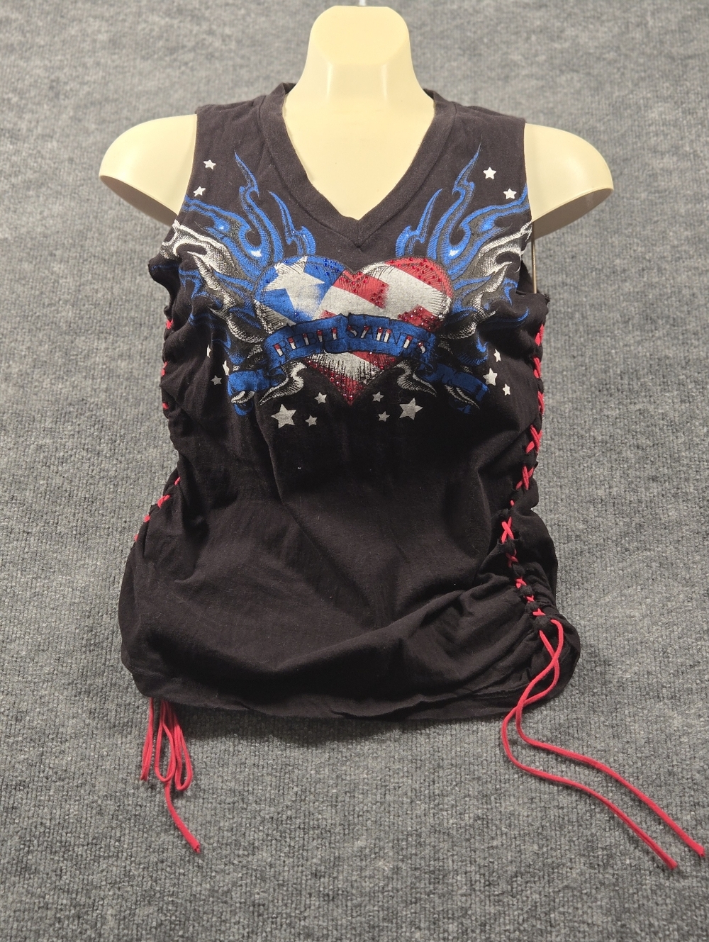 Rebel Saints Patriotic Heart Wings Lace Up Side Graphic Tank Top Black‎ Size M